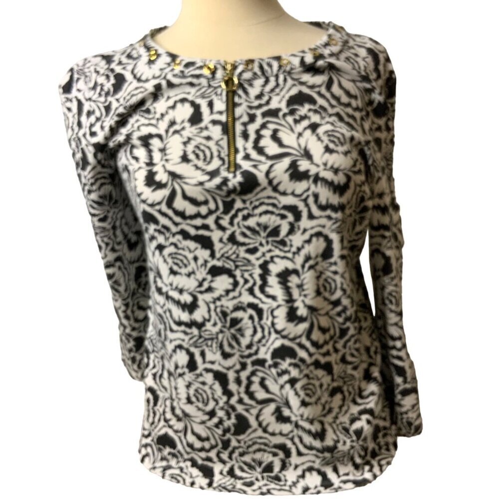 Rafaello women's xlarge long sleeve, black/white floral print round neck w/gold